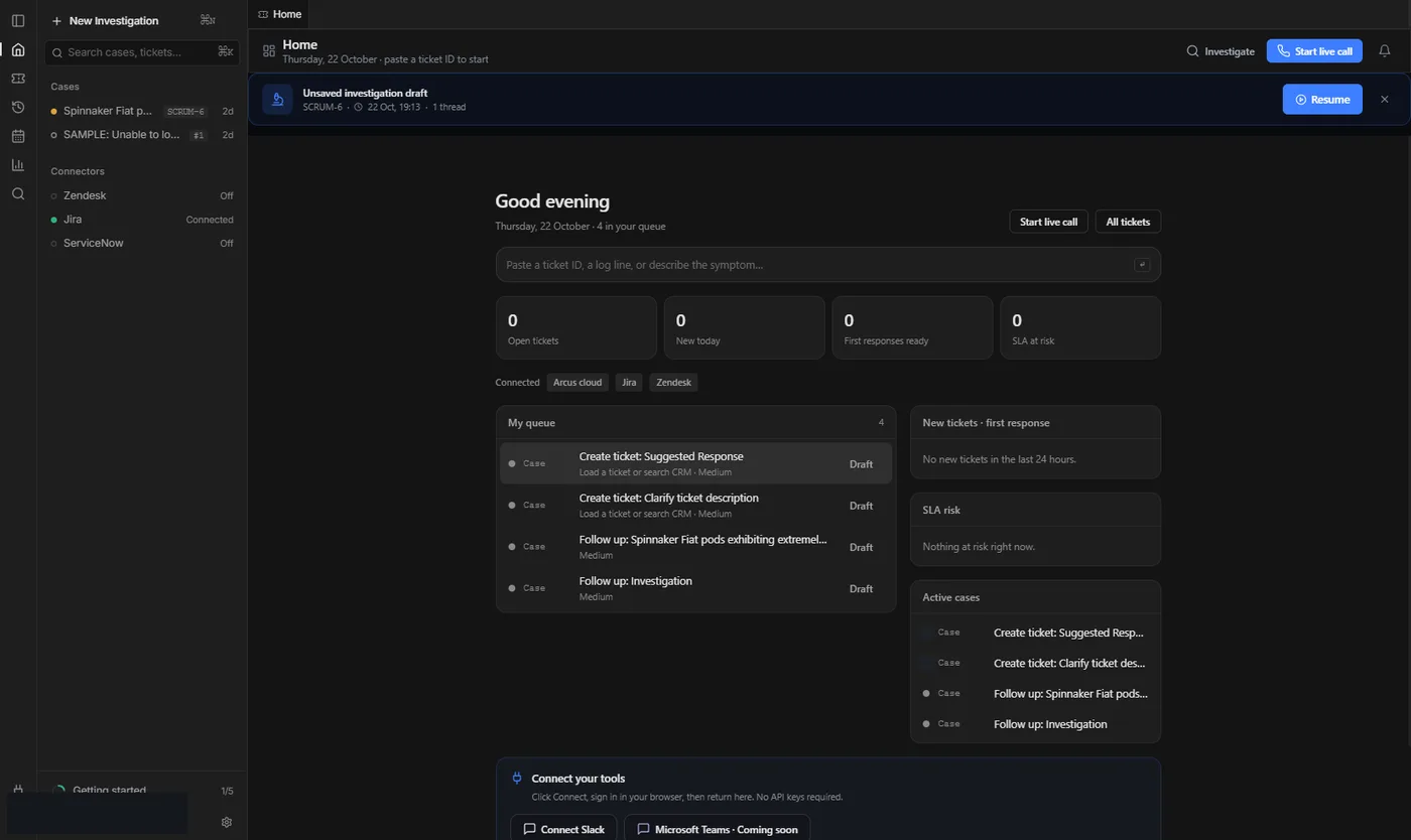 Cases sidebar listing assigned tickets with connector status