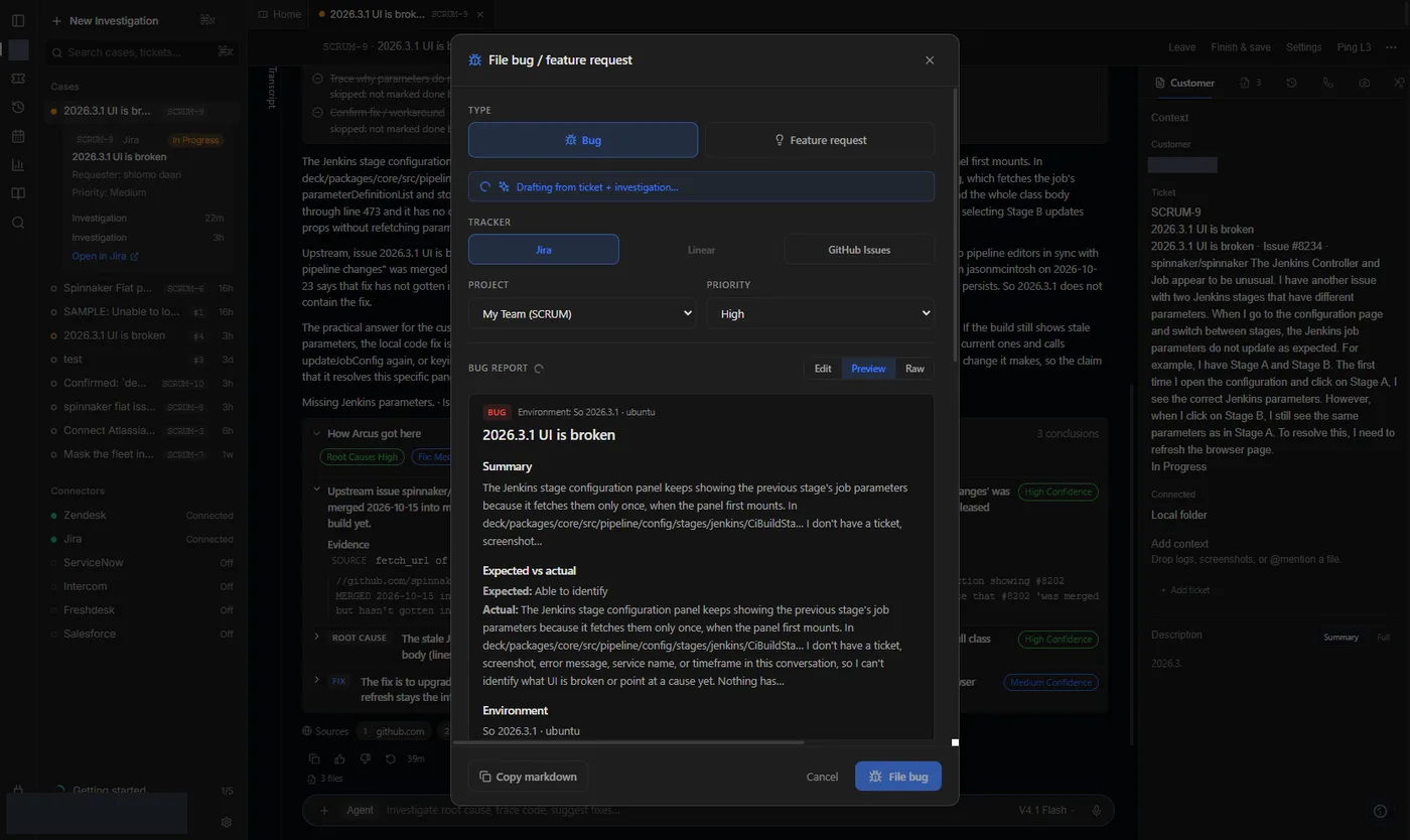 File bug dialog preview built from the investigation