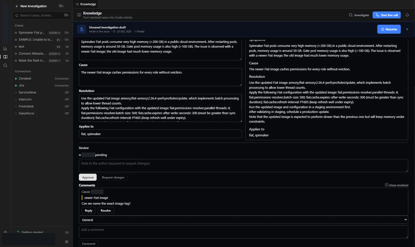 Knowledge review showing cause and resolution sections