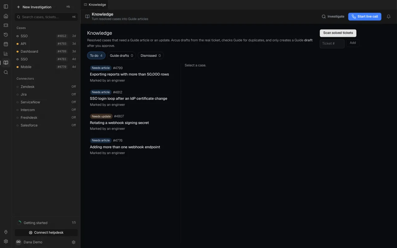 Knowledge view listing resolved cases that need an article